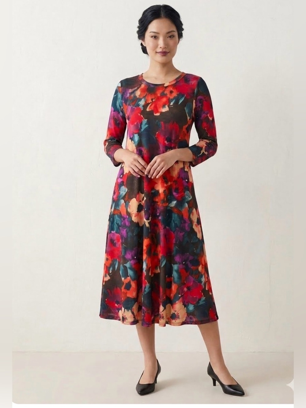 Modest Vibrant Floral Midi Dress Size Small Red Lightweight 3/4 Sleeve